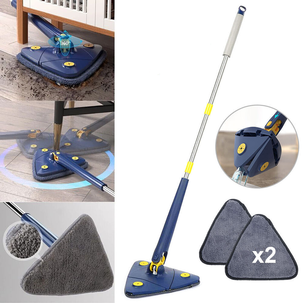 Rotatable Adjustable Cleaning Mop, 360ｰ Triangle Microfiber Mop with Long Handle, Wet and Dry Mop for Floor Cleaning Telescopic Spin Home Mop with 2 Replaceable Cloth