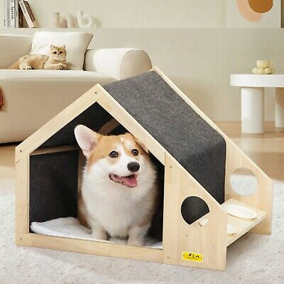 Pet Dog House Cat House Wooden Kennel Feeding Food Bowels Indoor Shelter Medium