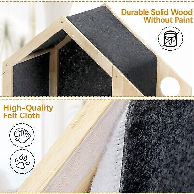 Pet Dog House Cat House Wooden Kennel Feeding Food Bowels Indoor Shelter Medium