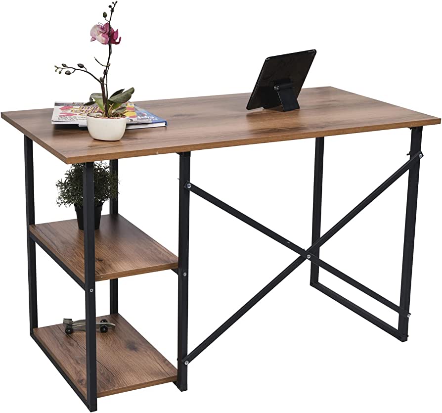 Computer Desk 120 x 60 x 75 Cm, Home Office Laptop Desk Study Writing Table with Storage Shelves On Left Or Right Side, Wood Table Metal Frame for PC Laptop