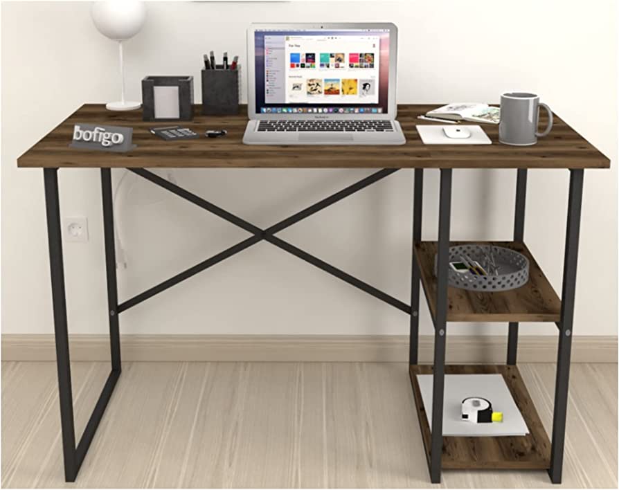 Computer Desk 120 x 60 x 75 Cm, Home Office Laptop Desk Study Writing Table with Storage Shelves On Left Or Right Side, Wood Table Metal Frame for PC Laptop