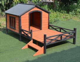 Dog House Kennel Pet Timber Wooden With Decking Patio Stair