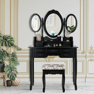 Dressing Table Set w/Makeup Desk & Stool Tri-Folding Vanity Mirror Drawers Black