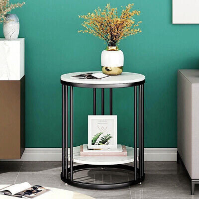 2-Tier Black Marble Side Table Round Coffee Table Nightstand Jewellery Storage