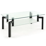 Glass Coffee Table 2-Tier Tempered Accent Table W/ Metal Tube Legs Living Room