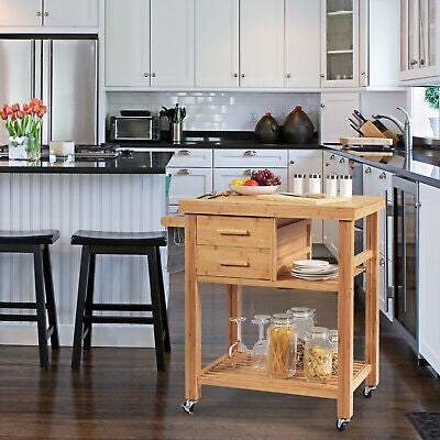 Kitchen Island Cart Bamboo Rolling Trolley Cart Drawers Shelves