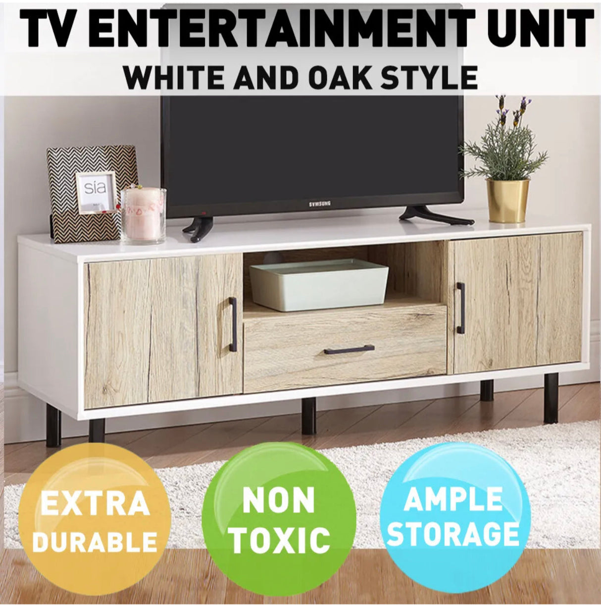 Oak TV Stand 120cm Entertainment Unit Storage Cabinet Unit Cupboard Shelf New