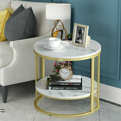 2-Tier White Real Marble Side Table Sofa Coffee End Table W/ Storage Shelf Round