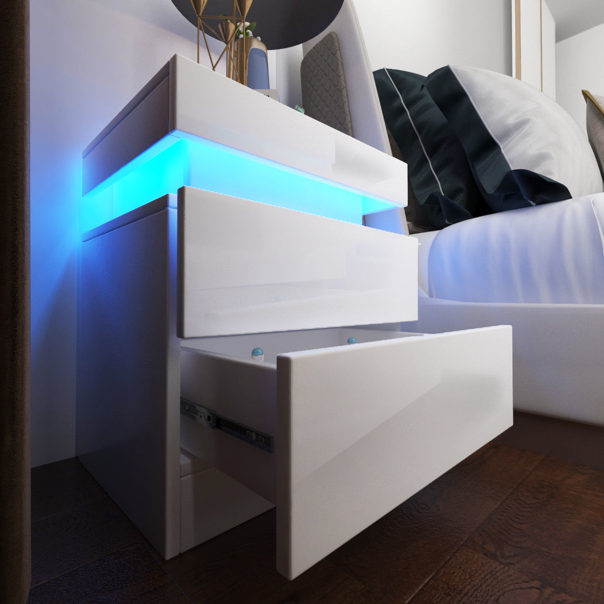 Bedside Tables Side Table Drawers RGB LED High Gloss Nightstand Storage Cabinet