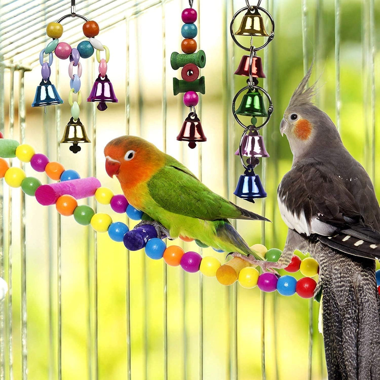 Bird Swing Chewing Toys, 11 Packs Brightly colored and sturdy Parrot Hammock Bell Toys,Parrot Cage Toy Bird Perch with Wood Beads Hanging for Small Parakeets, Cockatiels, Conures, Finches,Budgie,Parrots, Love Birds,Canaries