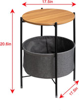 Round Side Table with Fabric Storage Basket, Metal Frame Coffee Table, Wooden Bedside Table, Removable Storage Box Wooden, Suitable for Living Room Bedroom Home Office Use