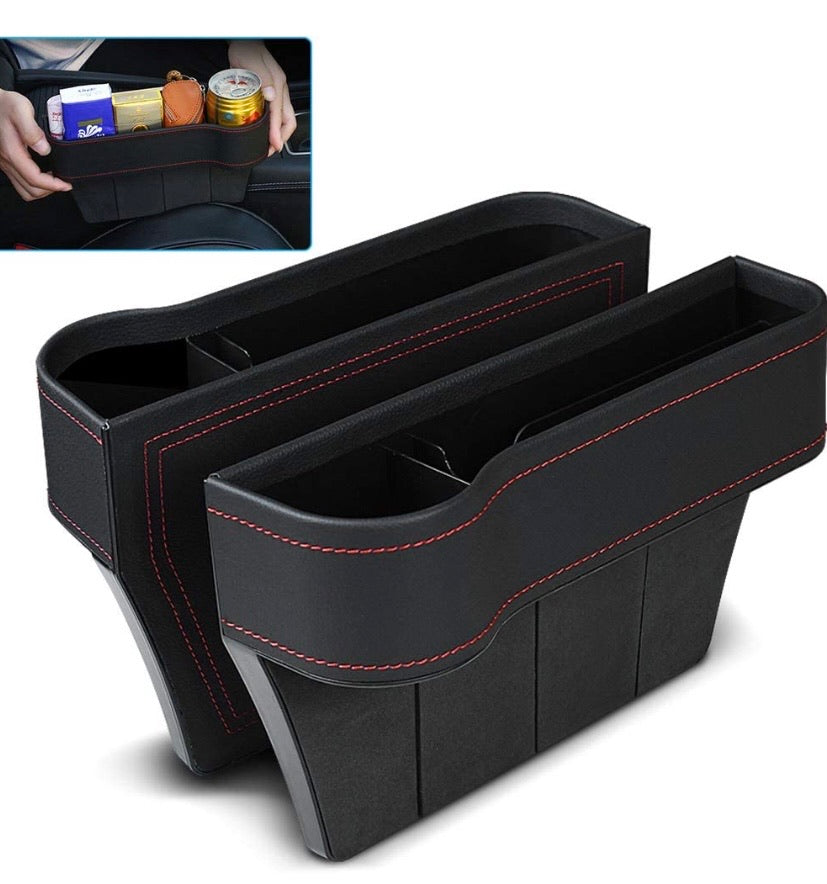 2 Pack Car Seat Gap Filler, PU Leather Seat Console Organizer Pocket, Car Seat Catcher Between Seats Organizer for Wallet Cell phone Coins Keys Cards Drink Cups Candy Glasses Holder Box (Black)