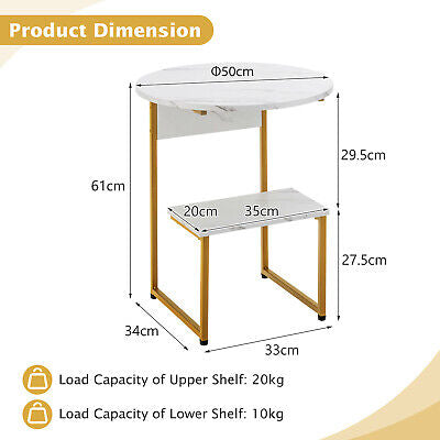 Side Table 2-Tier Wooden Round End Beside Table Nightstand Metal Frame