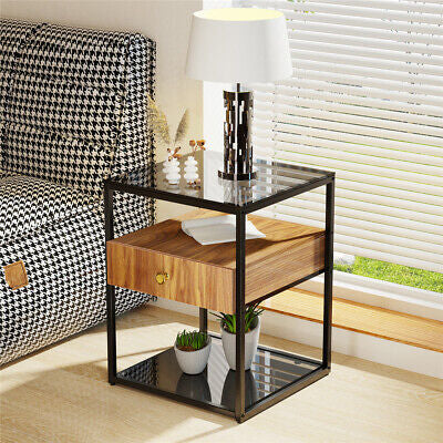 Modern Bedside Table Storage Glass End Table Drawer Living Room Bedroom Cabinet