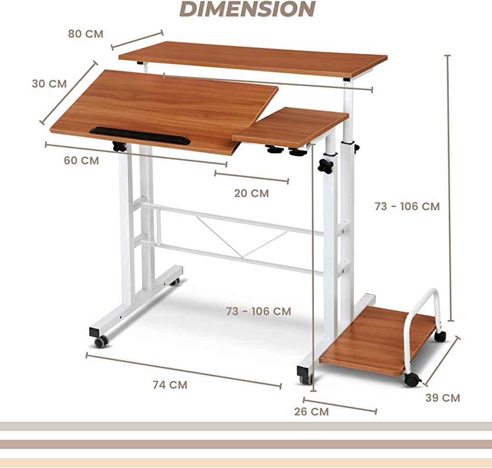 Mobile Stand Up Desk, Adjustable Height Laptop Desk with Wheels Rolling Workstation with Tiltable Panel Board and Detacheable Sideboard