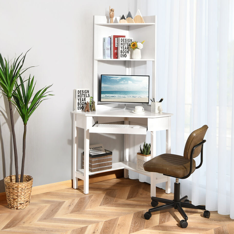 Corner Computer Desk Triangle Study Desk w/ Hutch & Keyboard Tray White