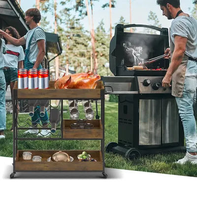 3 Tier Bar Cart Drinks Trolley with Wine Racks Wine Coffee Tea Kitchen Serving Outdoor Storage Shelves 4 Wheels