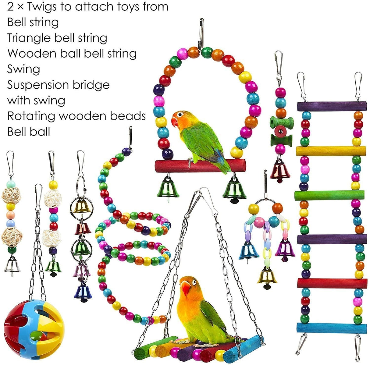 Bird Swing Chewing Toys, 11 Packs Brightly colored and sturdy Parrot Hammock Bell Toys,Parrot Cage Toy Bird Perch with Wood Beads Hanging for Small Parakeets, Cockatiels, Conures, Finches,Budgie,Parrots, Love Birds,Canaries