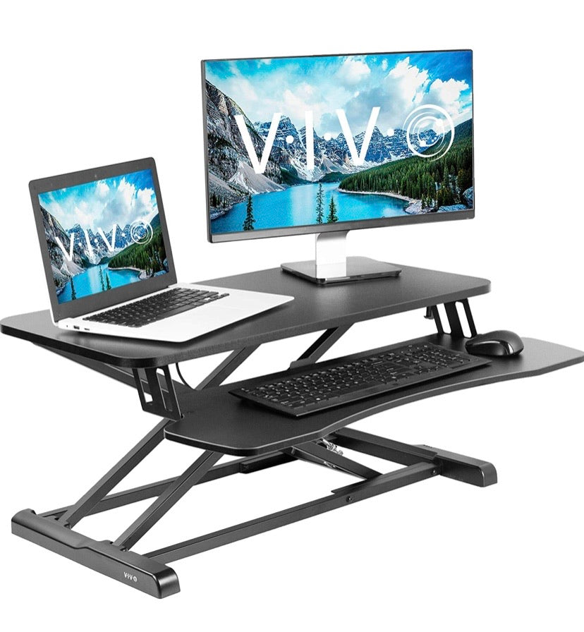 Black Height Adjustable 32 Inch Standing Desk Converter, Sit Stand Dual Monitor and Laptop Riser Workstation (Desk-V000K)