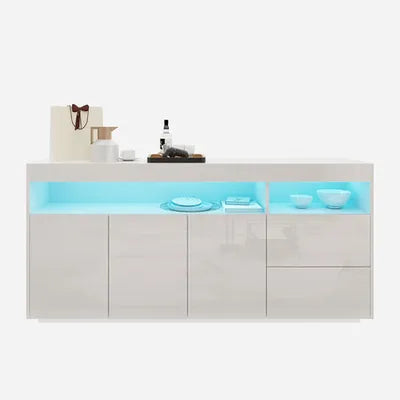 Sideboard Buffet Cabinet High Gloss RGB LED Cupboard 2 Drawers 3 Doors White