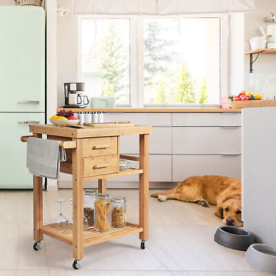 Kitchen Island Cart Bamboo Rolling Trolley Cart Drawers Shelves