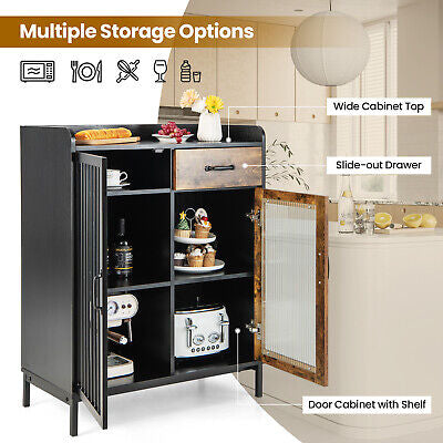 Bar Storage Cabinet Cupboard Kitchen Buffet Sideboard Metal Glass Doors Drawer