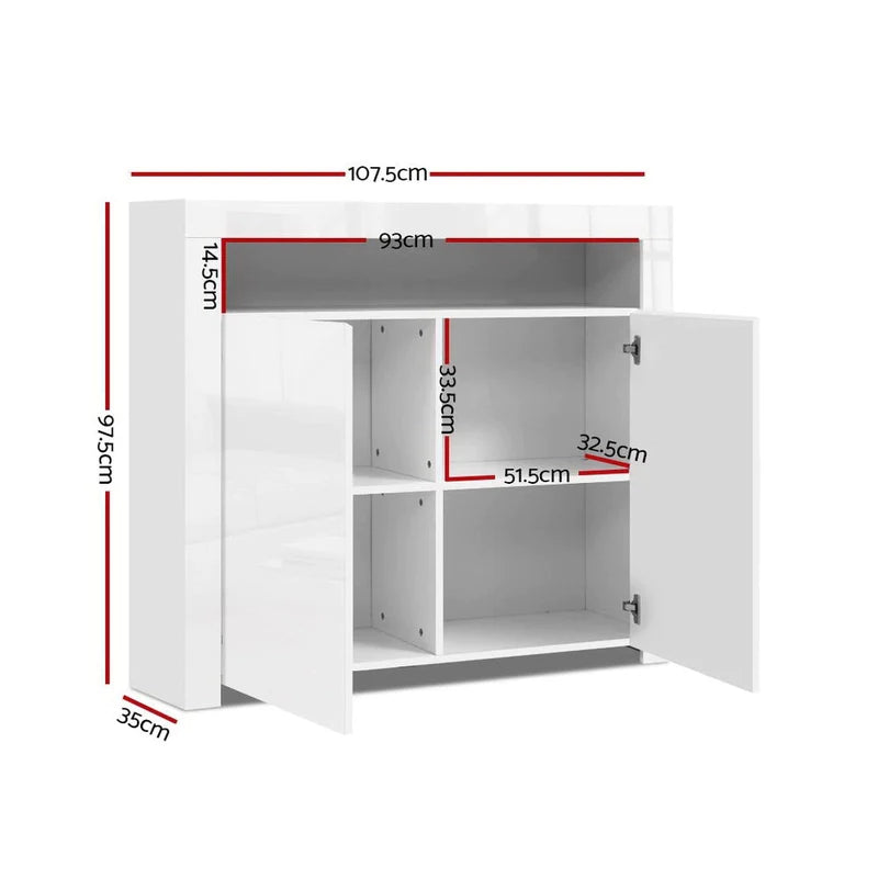 Buffet Sideboard LED High Gloss Storage Cabinet Cupboard 2 Doors White