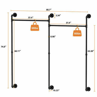 XL Industrial Wall Pipe Rack Commercial Clothes Hanging Rail Organizer 2 Way Use