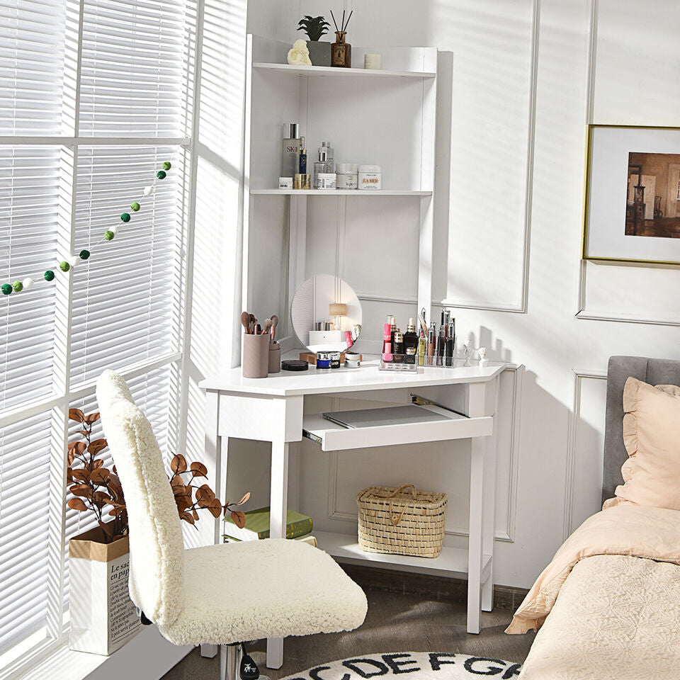 Corner Computer Desk Triangle Study Desk w/ Hutch & Keyboard Tray White