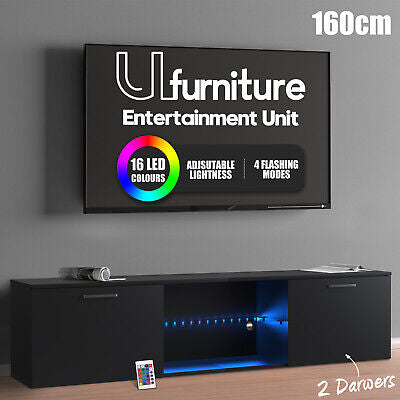 160CM TV Cabinet Stand Entertainment Unit Storage RGB LED & w/2 Drawers Black