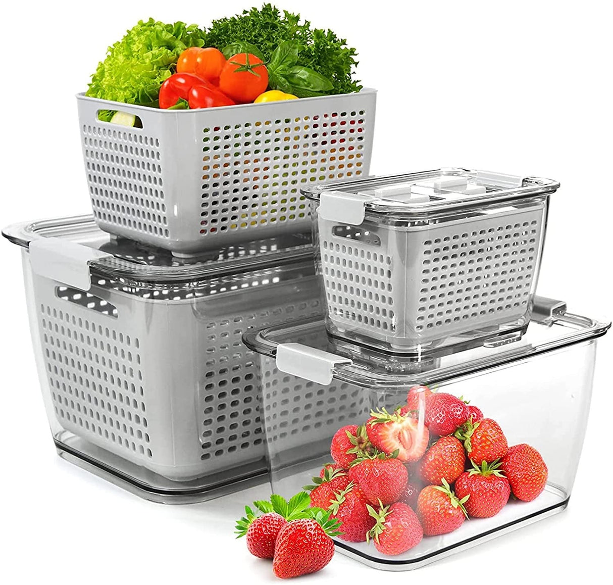 Vegetable and Fruit Storage Container for Fridge Pack of 3 (Light Gray)