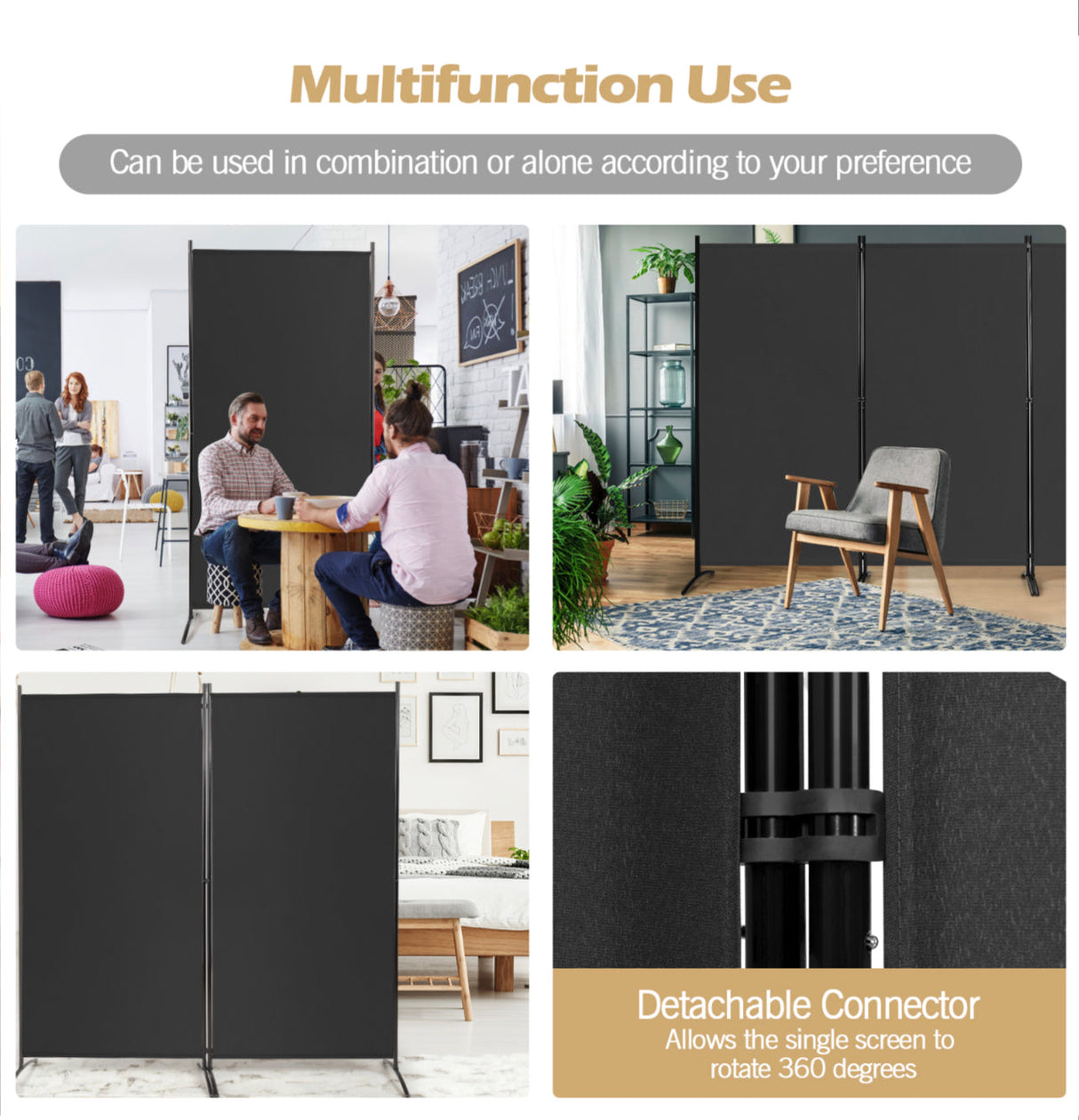 3-Panel Room Divider Folding Privacy Screen with Hinges Steel Base Wood