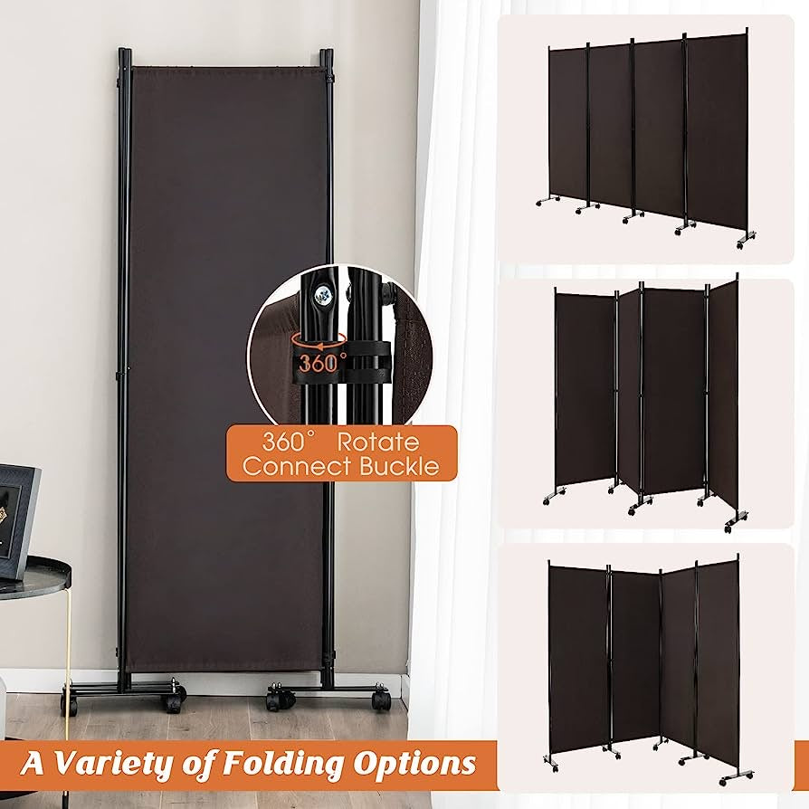 4-Panel Folding Room Divider, 1.73m Rolling Privacy Screen with Lockable Wheels, Portable Wall Divider and Separator, Freestanding Privacy Protection for Living Room, Bedroom, Office