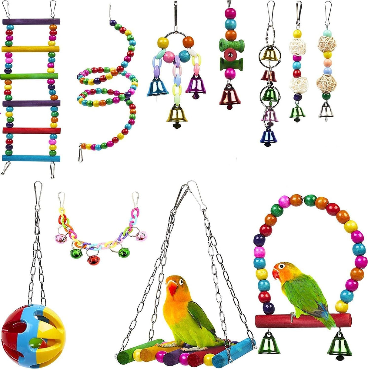 Bird Swing Chewing Toys, 11 Packs Brightly colored and sturdy Parrot Hammock Bell Toys,Parrot Cage Toy Bird Perch with Wood Beads Hanging for Small Parakeets, Cockatiels, Conures, Finches,Budgie,Parrots, Love Birds,Canaries