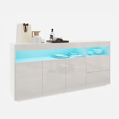 Sideboard Buffet Cabinet High Gloss RGB LED Cupboard 2 Drawers 3 Doors White