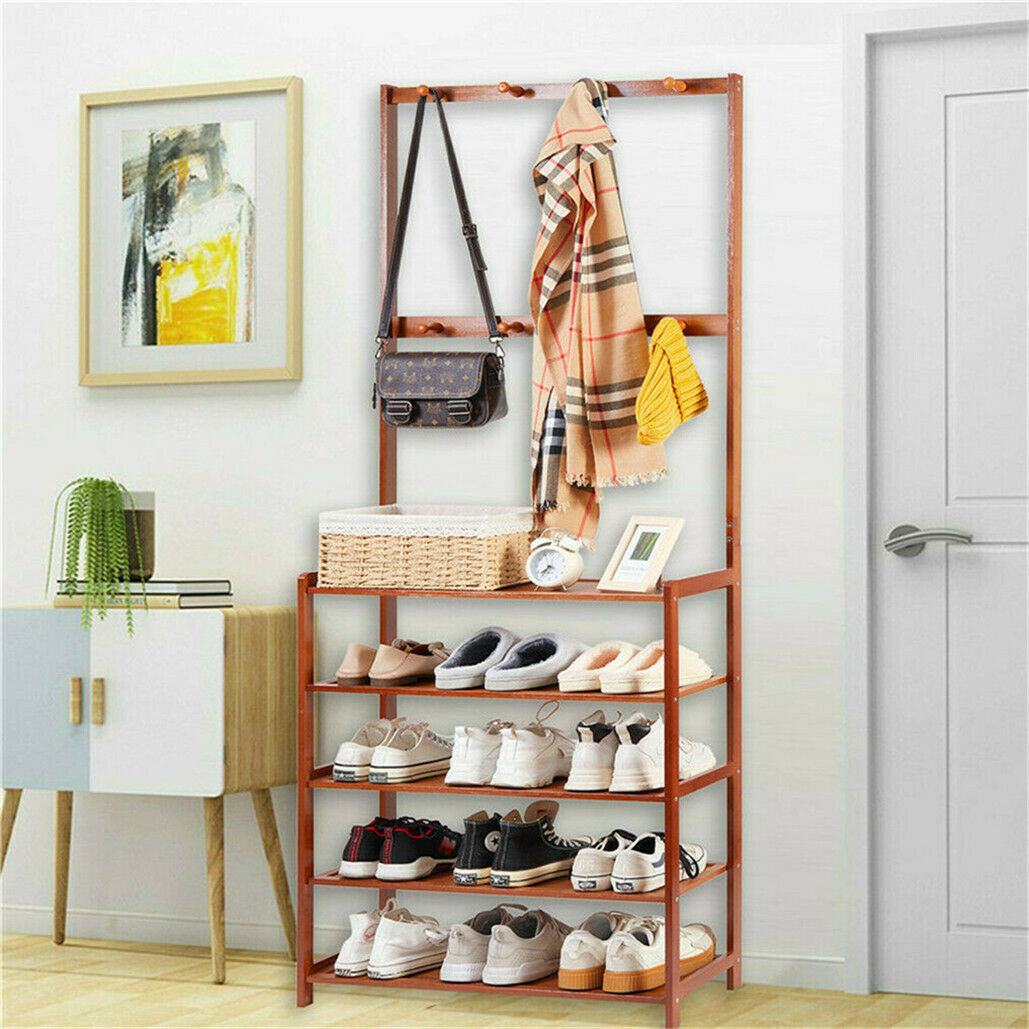 Large Wooden 5 Tiers Hat Coat Stand Clothes Shoe Rack Hanger Hooks Shelf Storage