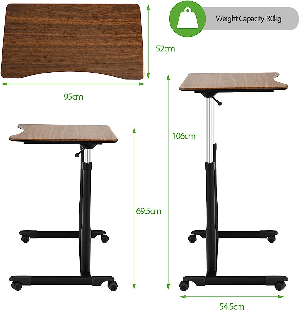 Mobile Height Adjustable Standing Desk, Compact Pneumatic Sit to Stand Up Computer Desk w/ Lockable Wheels, Ergonomic Rolling Laptop Table w/ Steel Frame for Home Office (Brown)