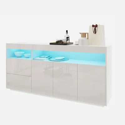 Sideboard Buffet Cabinet High Gloss RGB LED Cupboard 2 Drawers 3 Doors White