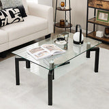 Glass Coffee Table 2-Tier Tempered Accent Table W/ Metal Tube Legs Living Room