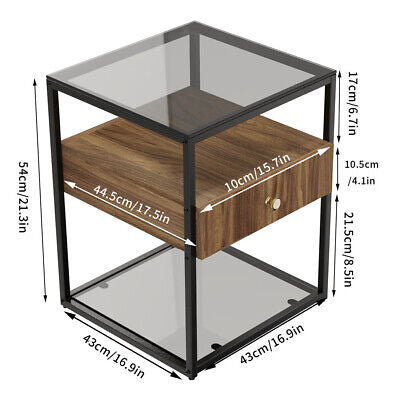 Modern Bedside Table Storage Glass End Table Drawer Living Room Bedroom Cabinet