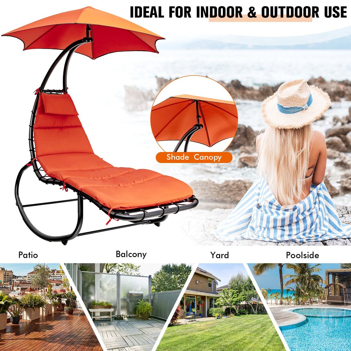 Hammock Chair Swing Lounger Chaise Outdoor Daybed w/ Pillow Canopy Stand Cushion