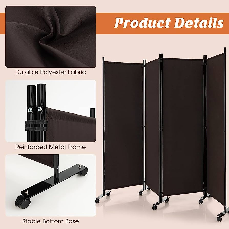 4-Panel Folding Room Divider, 1.73m Rolling Privacy Screen with Lockable Wheels, Portable Wall Divider and Separator, Freestanding Privacy Protection for Living Room, Bedroom, Office