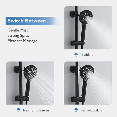 Shower Head Set Wall Mount Black 9" Rain Shower long rail with 2 Hoses