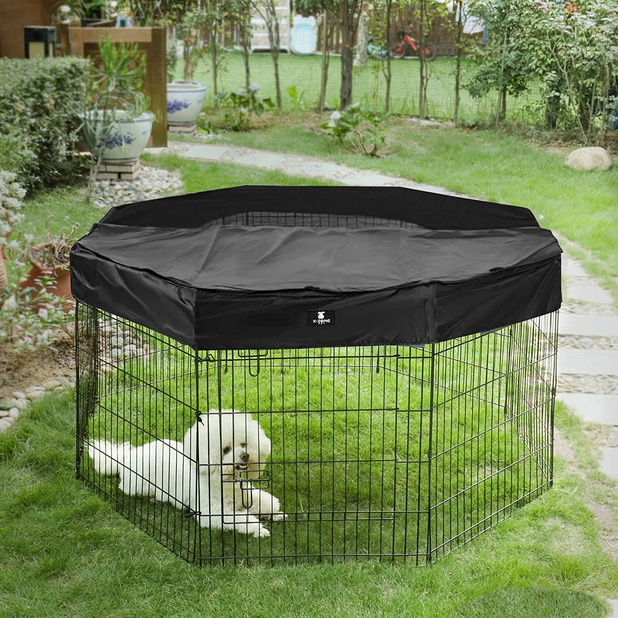 Foldable Metal Pet Playpen with Top Cover, Portable Heavy Duty Wire Exercise Pen for Dogs/ Cats/ Chicks/ Rabbits, Indoor/ Outdoor 8 Panel Pet Fence