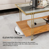 Coffee Table Rectangle Glass Top Wood Bottom Storage Shelf Gold Steel