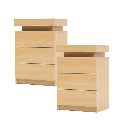 2x Bedside Tables 3 Drawers RGB LED Cabinet Nightstand OAK