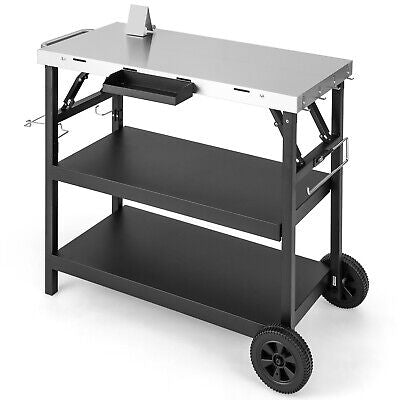 3-tier Mobile Food Prep Cart Table Outdoor Dining Cart w/Adjustable Shelf & Rack