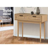 Artiss Console Table Timber Hallway Side Table with Rattan Storage Drawers - Wood