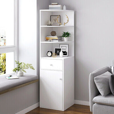 Vision Stylish Wooden Corner Shelf Unit with Cabinet & Drawer (White)