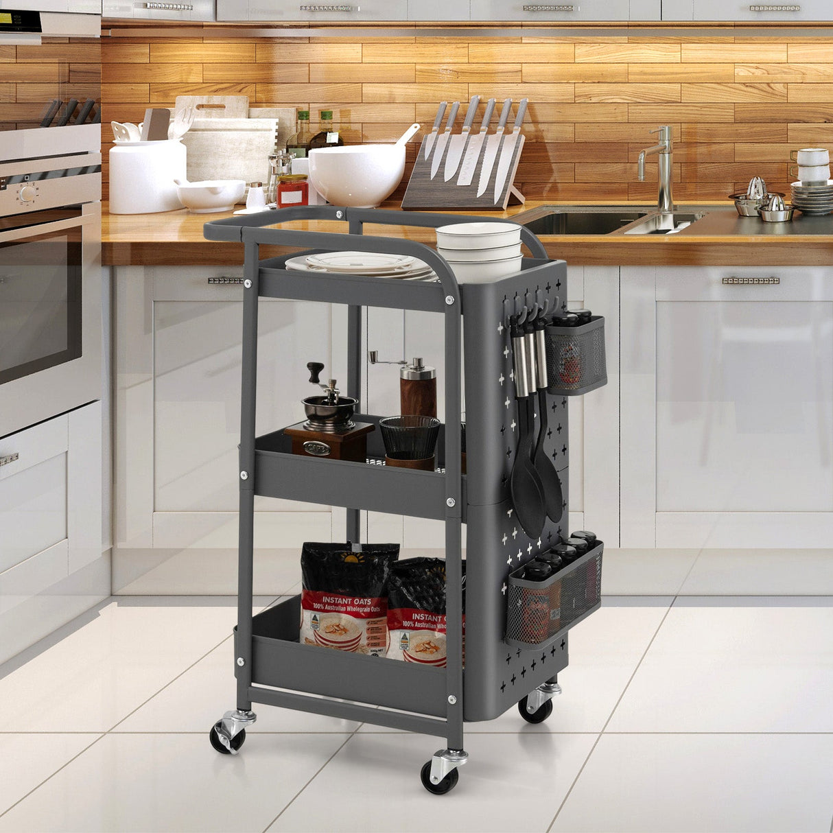 Kitchen Storage Trolley Cart 3-Tier Shelves Pegboards Carbon Steel Frame